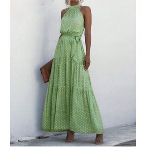 Green Polka Dot Print Pleated Sleeveless Dress